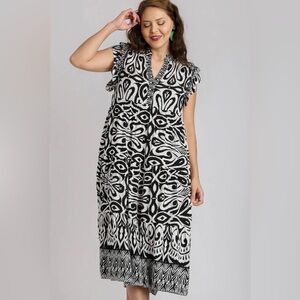 Umgee Full Size Two Tone Border Print Ruffle Cap Sleeve Midi Dress Plus Size